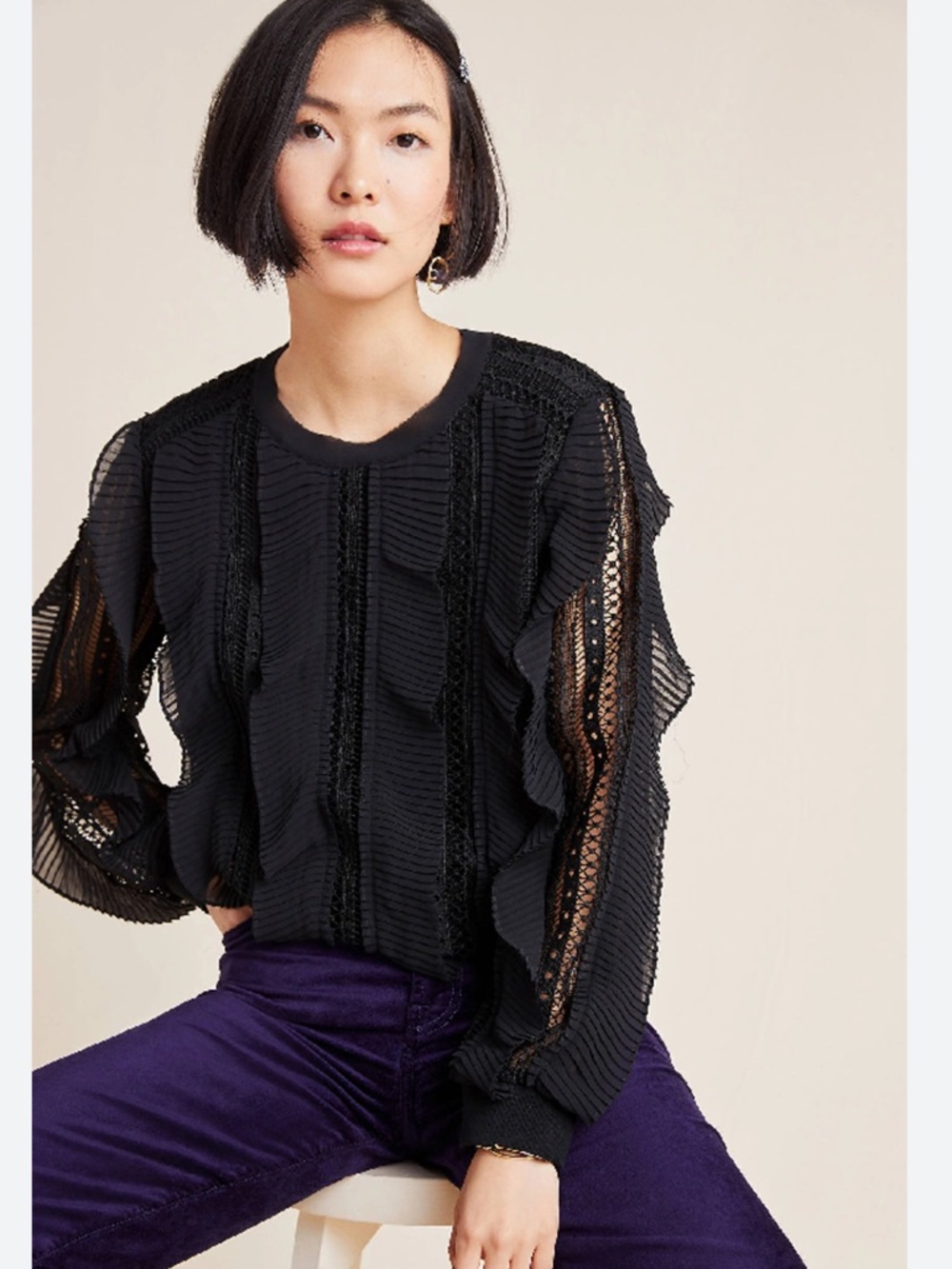 Anthropologie Daniel Rainn Black Ruffle-Sleeve Eyelet Blouse XS